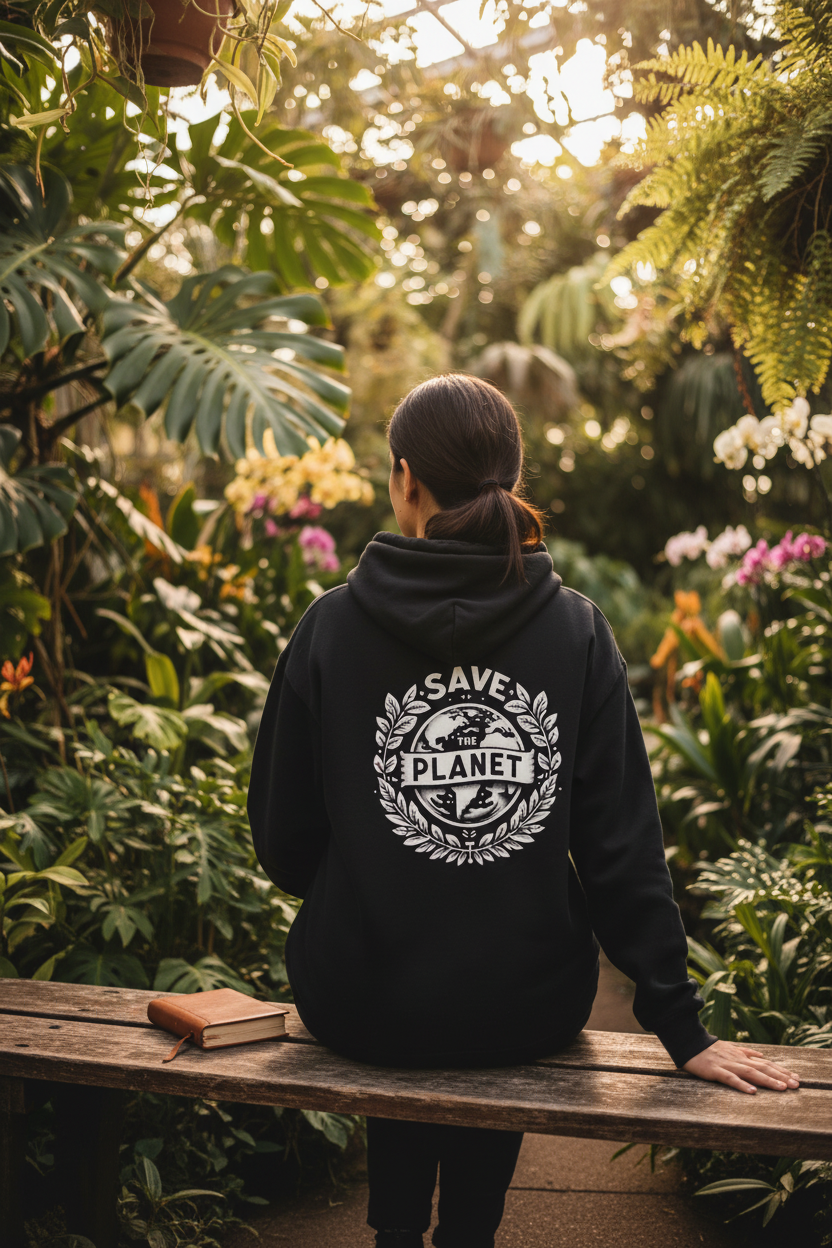 Black hooded sweatshirt with Save the Planet back emblem and kangaroo pocket