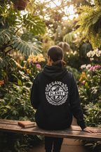 Black hooded sweatshirt with Save the Planet back emblem and kangaroo pocket