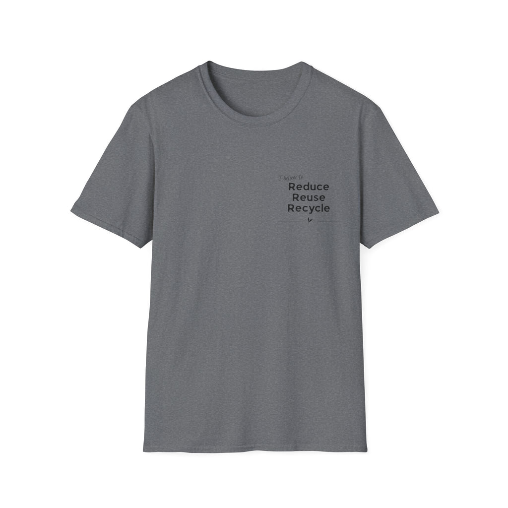 Unisex gray T-shirt with centered 'Reduce Reuse Recycle' logo print
