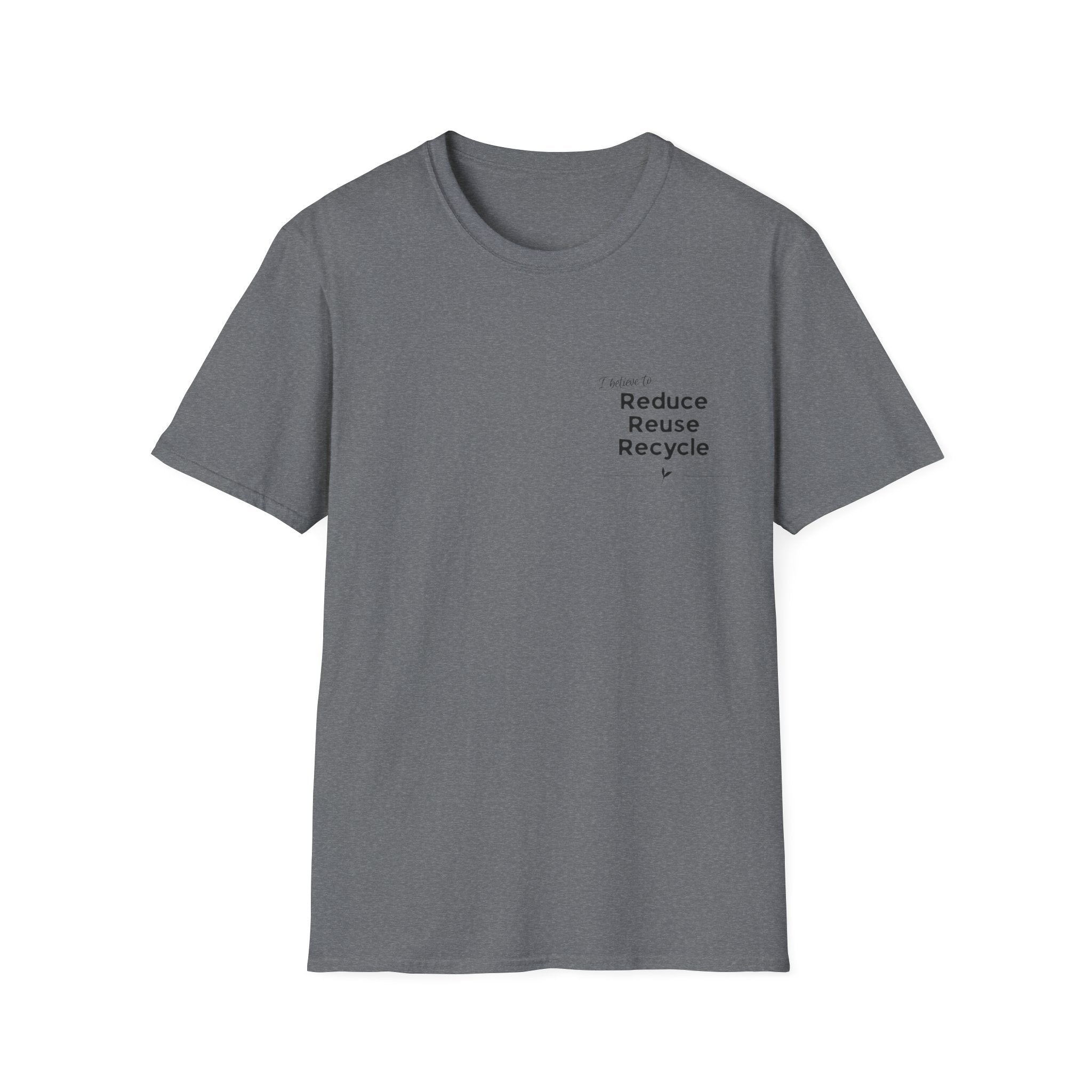 Unisex gray T-shirt with centered 'Reduce Reuse Recycle' logo print