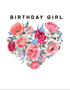White sweatshirt with “BIRTHDAY GIRL” text and colorful floral heart graphic