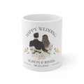 White wedding mug with couple portrait, Happy Wedding text, Alison & Justin, 06.22.2022