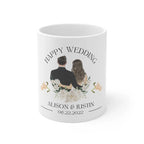 White wedding mug with couple portrait, Happy Wedding text, Alison & Justin, 06.22.2022