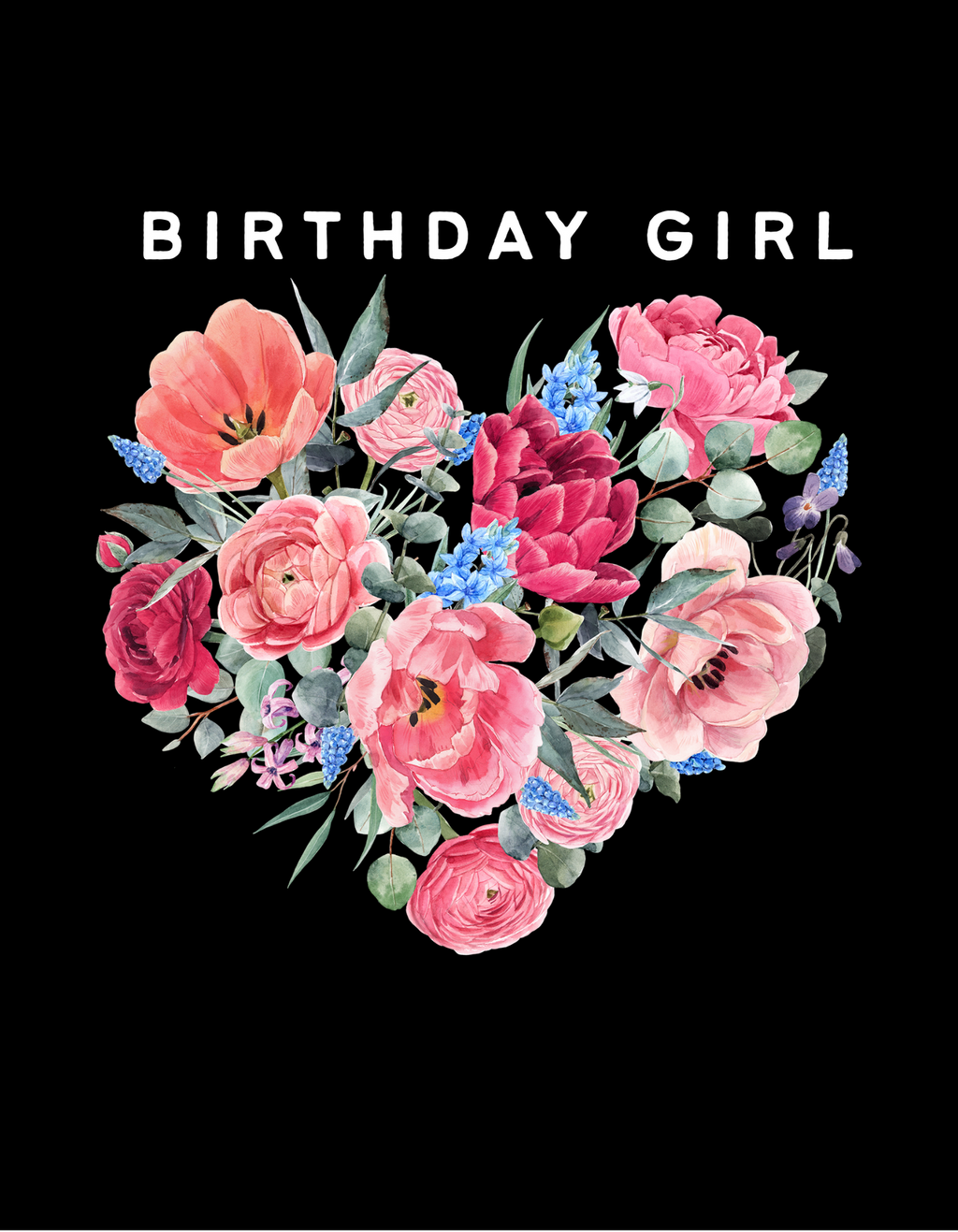 Black sweatshirt with “BIRTHDAY GIRL” text and colorful floral heart graphic