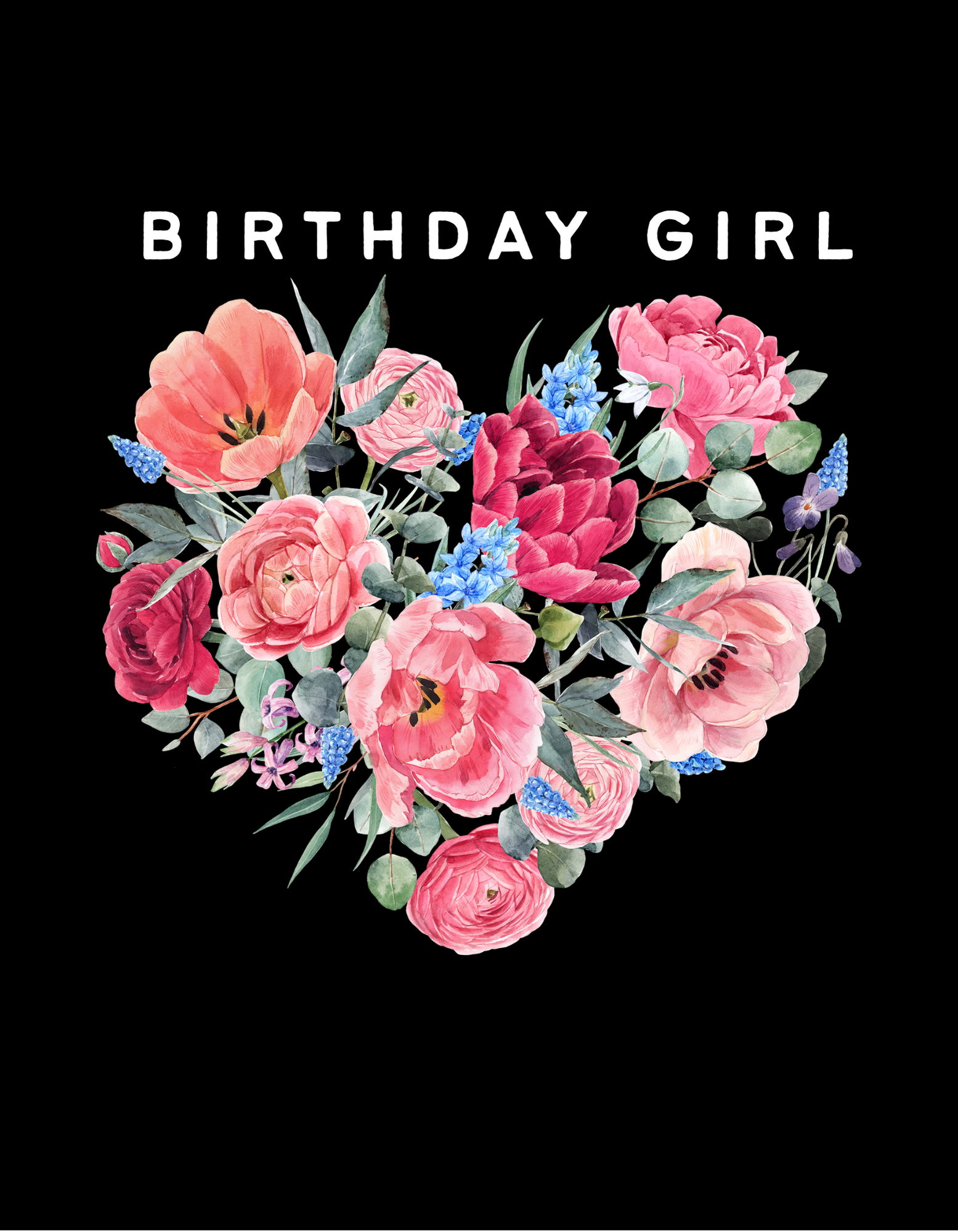 Black sweatshirt with “BIRTHDAY GIRL” text and colorful floral heart graphic