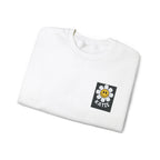 White crewneck sweatshirt with flower smiley square patch at center chest.