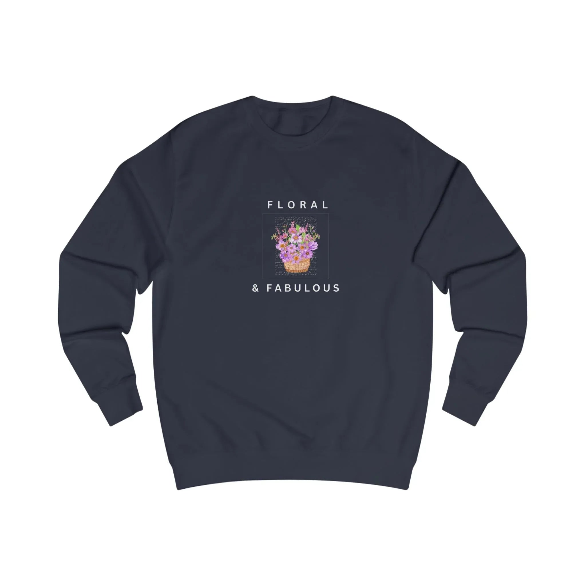 Navy sweatshirt with floral graphic and "FLORAL" and "& FABULOUS" text