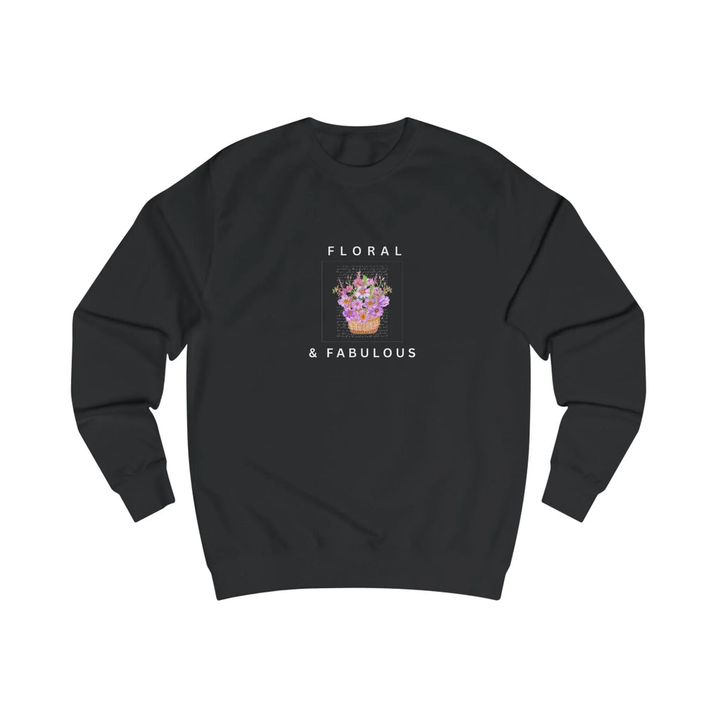 Black sweatshirt with floral graphic and text on the front