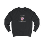 Black sweatshirt with floral graphic and text on the front