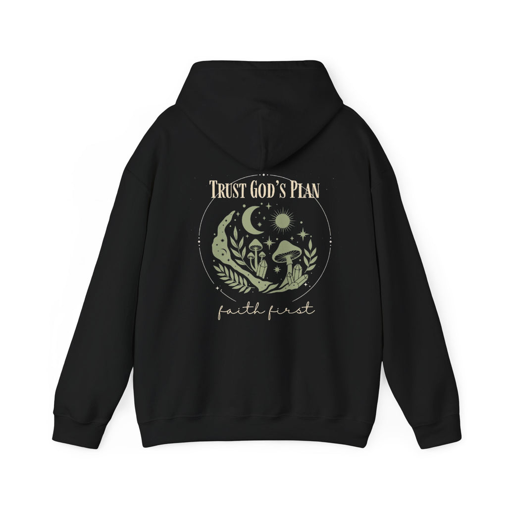 Black pullover hoodie, back graphic print with moon and “Trust God’s Plan”