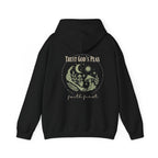 Black pullover hoodie, back graphic print with moon and “Trust God’s Plan”