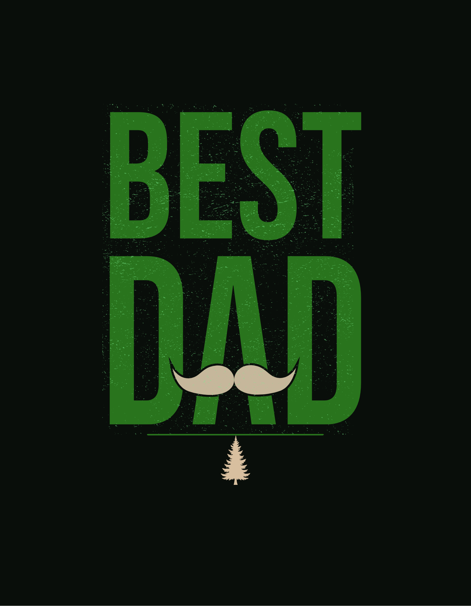 Green “BEST DAD” graphic with small tree icon on dark shirt