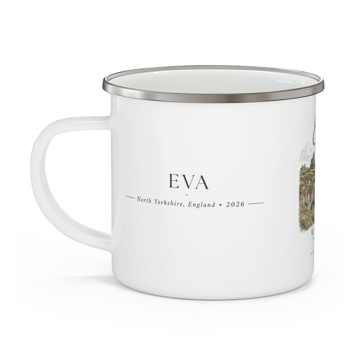 Whitby Enamel Camping Mug — Coastal Cottage Vintage Travel Illustration