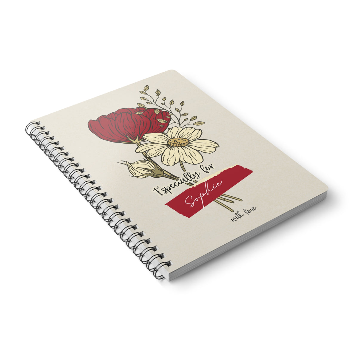 A5 floral journal notebook, beige cover with red name ribbon and spiral binding