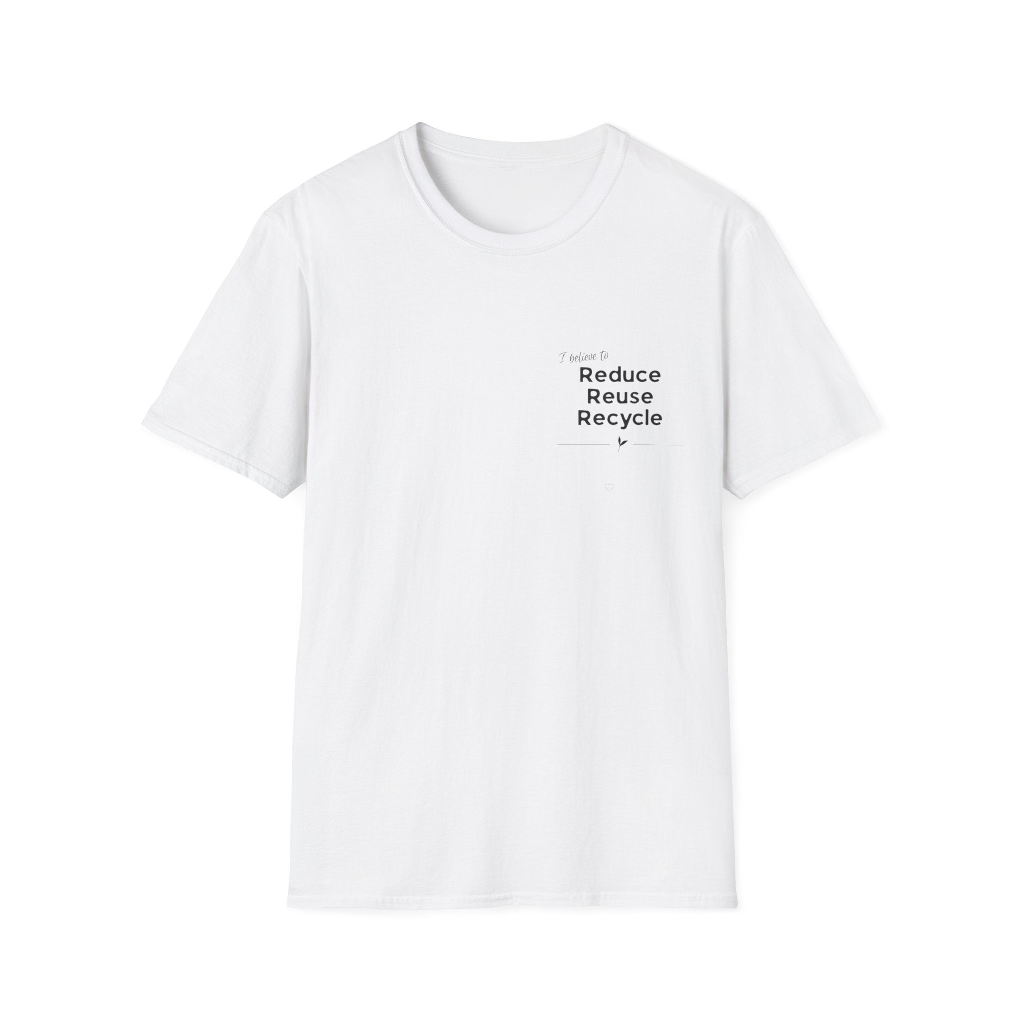 Unisex white T-shirt with centered 'Reduce Reuse Recycle' logo print