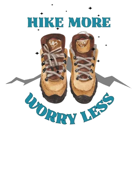 Speckled graphic with 'HIKE MORE' boots and 'WORRY LESS' text