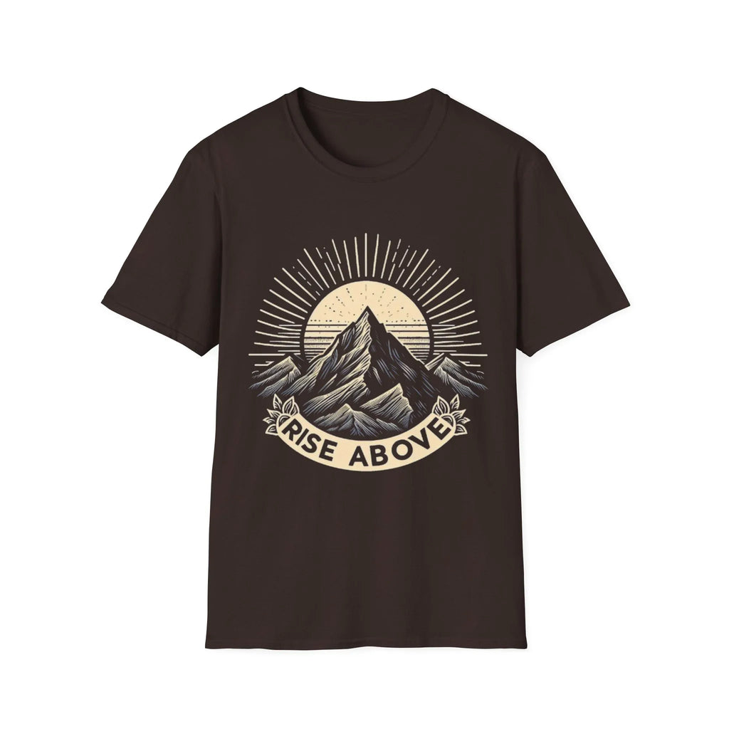 Brown short-sleeve T-shirt with mountain sunrise “RISE ABOVE” graphic
