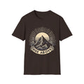Brown short-sleeve T-shirt with mountain sunrise “RISE ABOVE” graphic