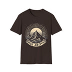 Brown short-sleeve T-shirt with mountain sunrise “RISE ABOVE” graphic