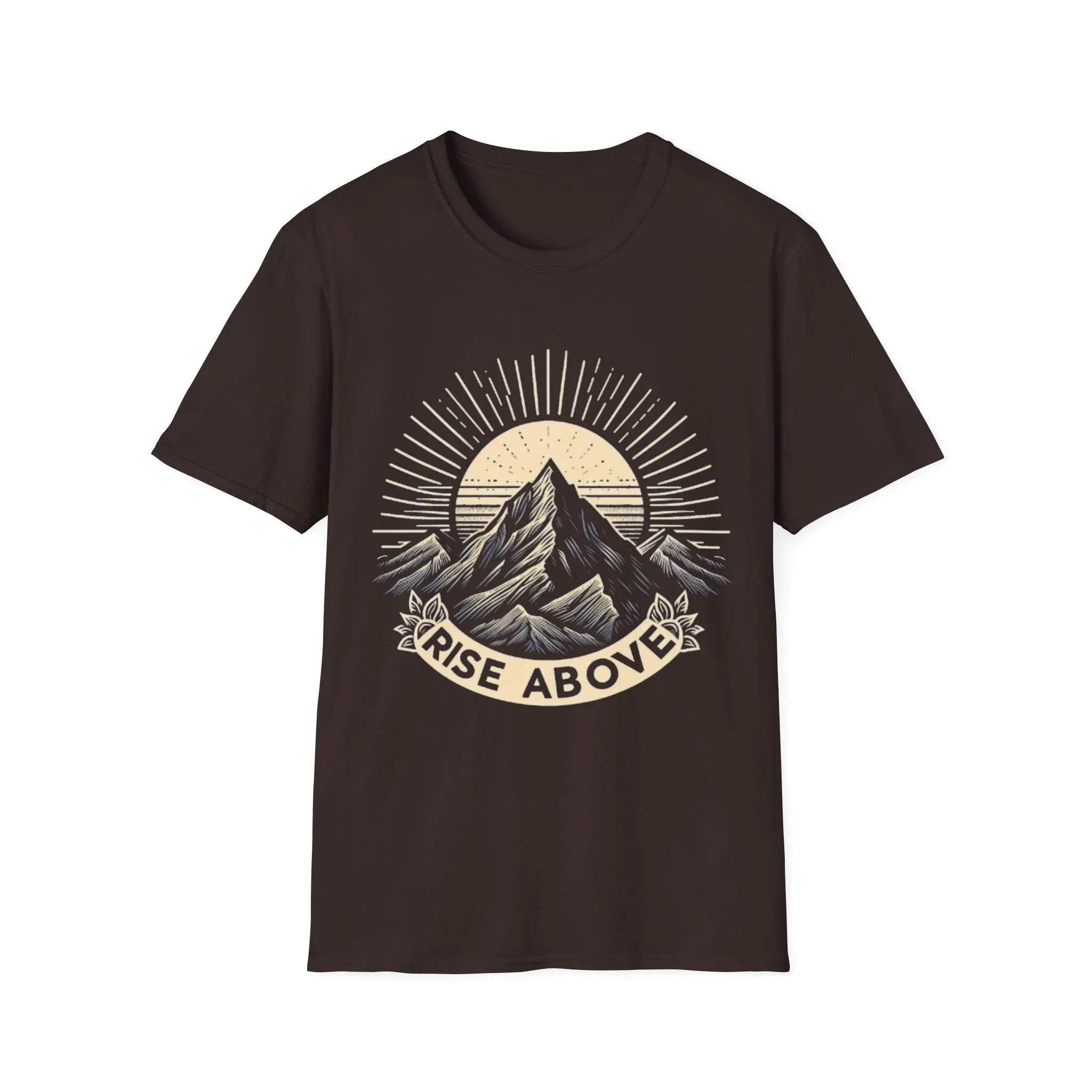 Brown short-sleeve T-shirt with mountain sunrise “RISE ABOVE” graphic