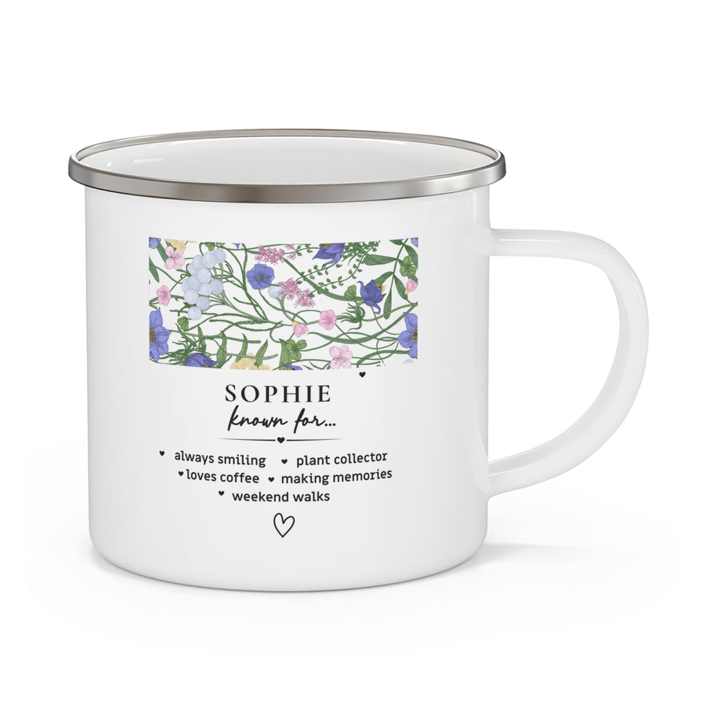 White enamel mug with purple floral panel and 'SOPHIE known for…' quote, handle.