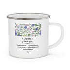White enamel mug with purple floral panel and 'SOPHIE known for…' quote, handle.