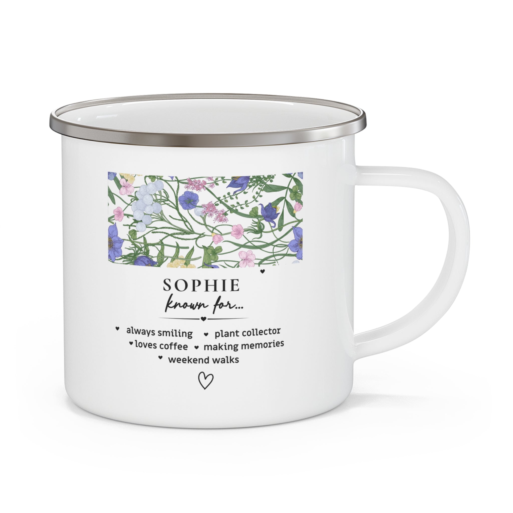 White enamel mug with purple floral panel and 'SOPHIE known for…' quote, handle.