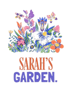 Floral crest graphic with 'Sarah's Garden' lettering on dark fabric.