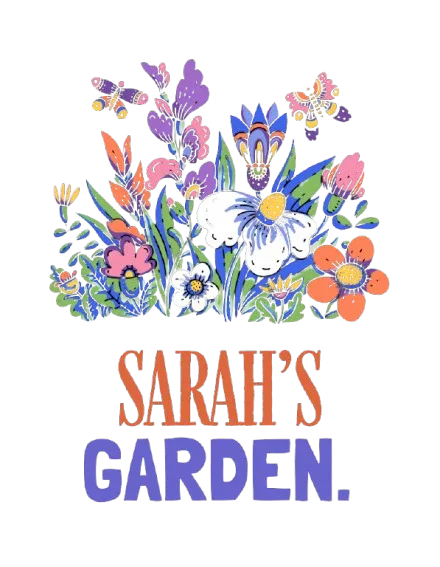 Floral crest graphic with 'Sarah's Garden' lettering on dark fabric.