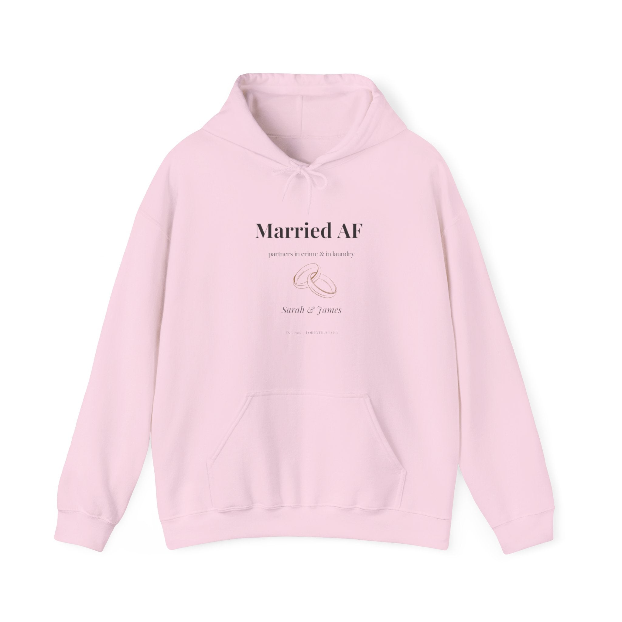 Light pink couples hoodie with drawstring hood, kangaroo pocket, "Married AF" and ring graphic