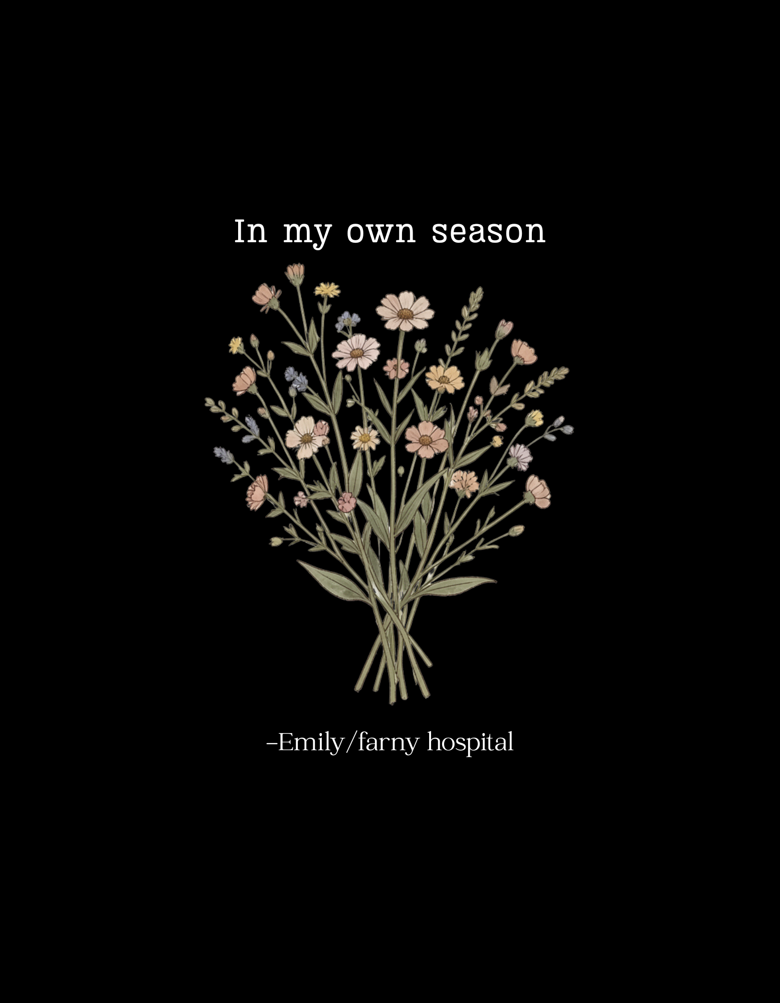 Black crew-neck t-shirt with centered botanical bouquet graphic and 'In my own season' text