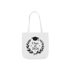 White tote bag with white handles and Class of 2026 wreath graduation cap print