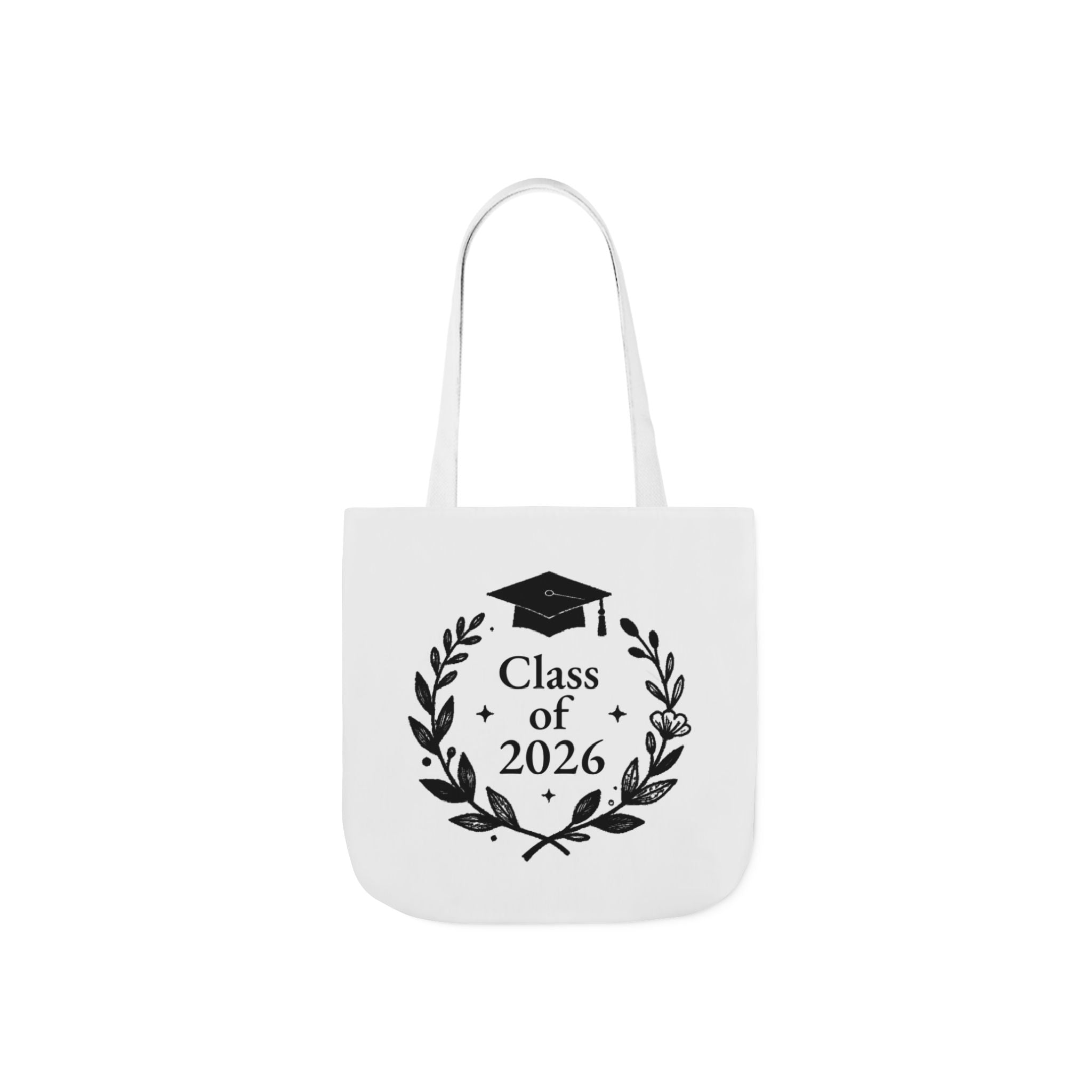 White tote bag with white handles and Class of 2026 wreath graduation cap print
