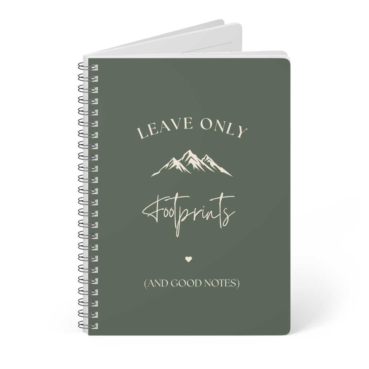 A5 hiking notebook, dark green cover with mountain and footprint lettering
