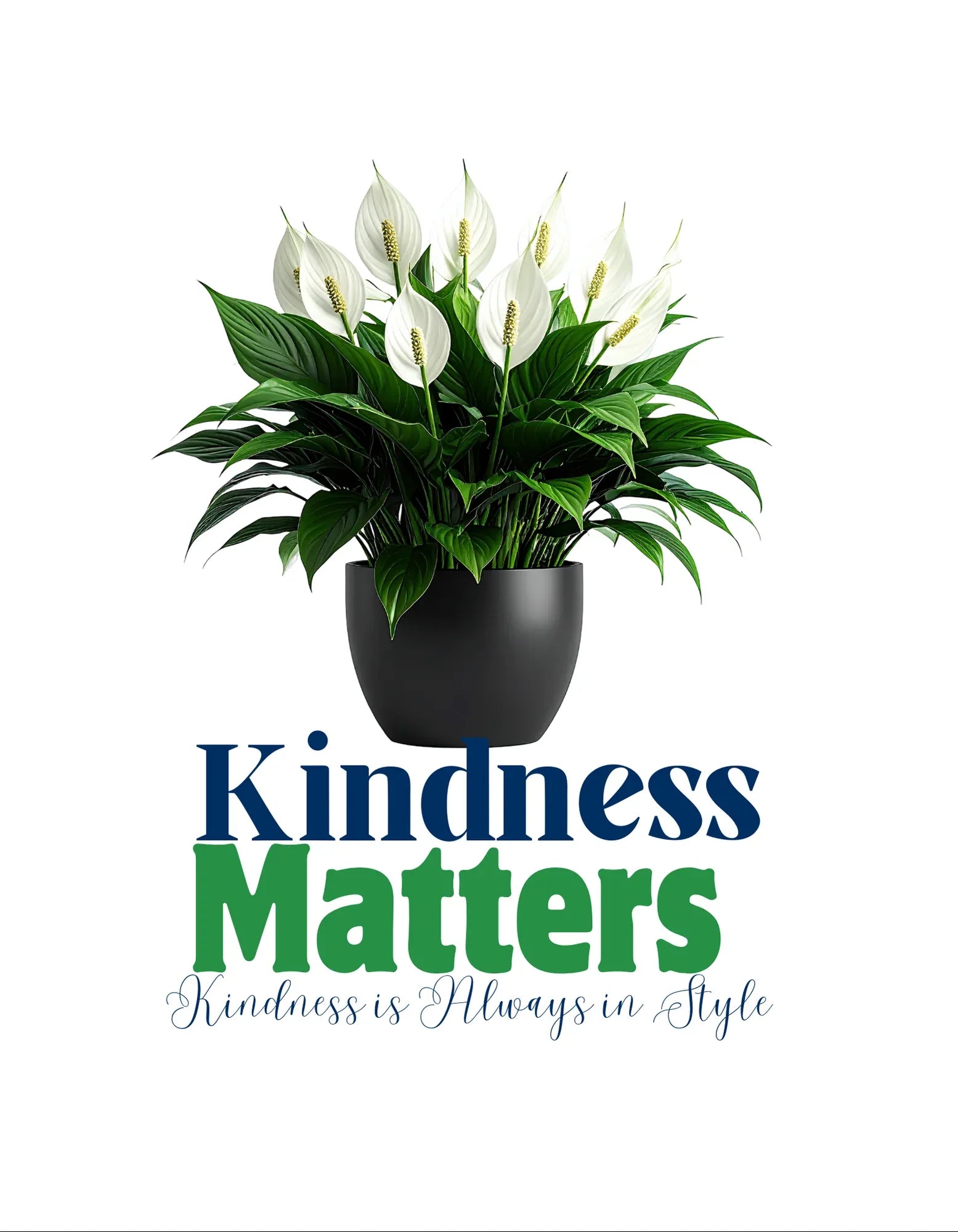 White crewneck sweatshirt with front tree graphic and “Kindness Matters” lettering