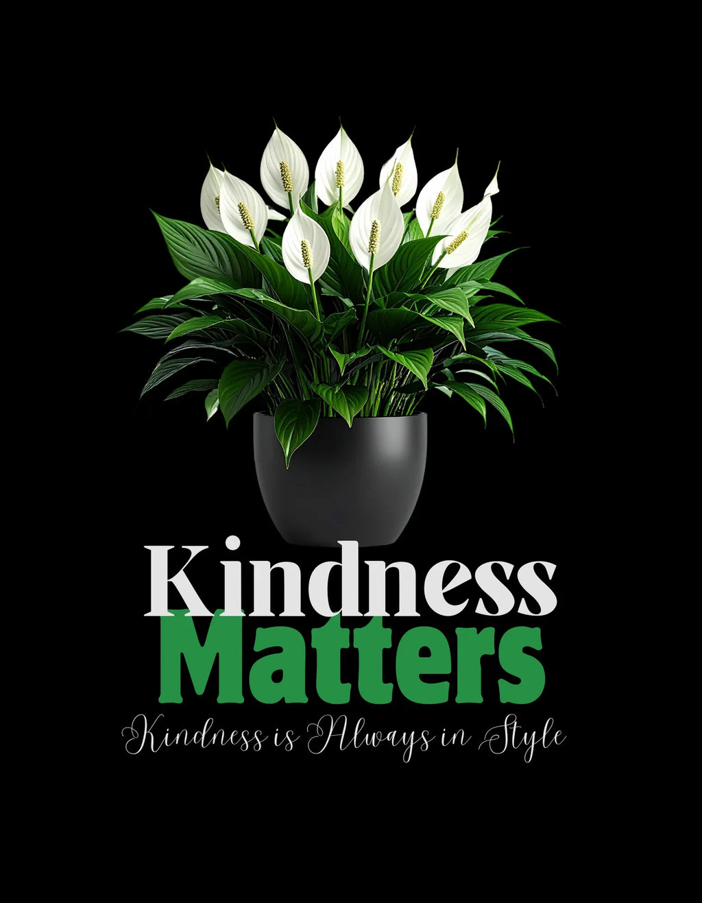 Black crewneck sweatshirt with front tree graphic and “Kindness Matters” lettering