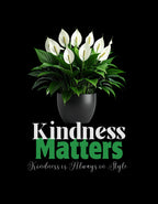 Black crewneck sweatshirt with front tree graphic and “Kindness Matters” lettering