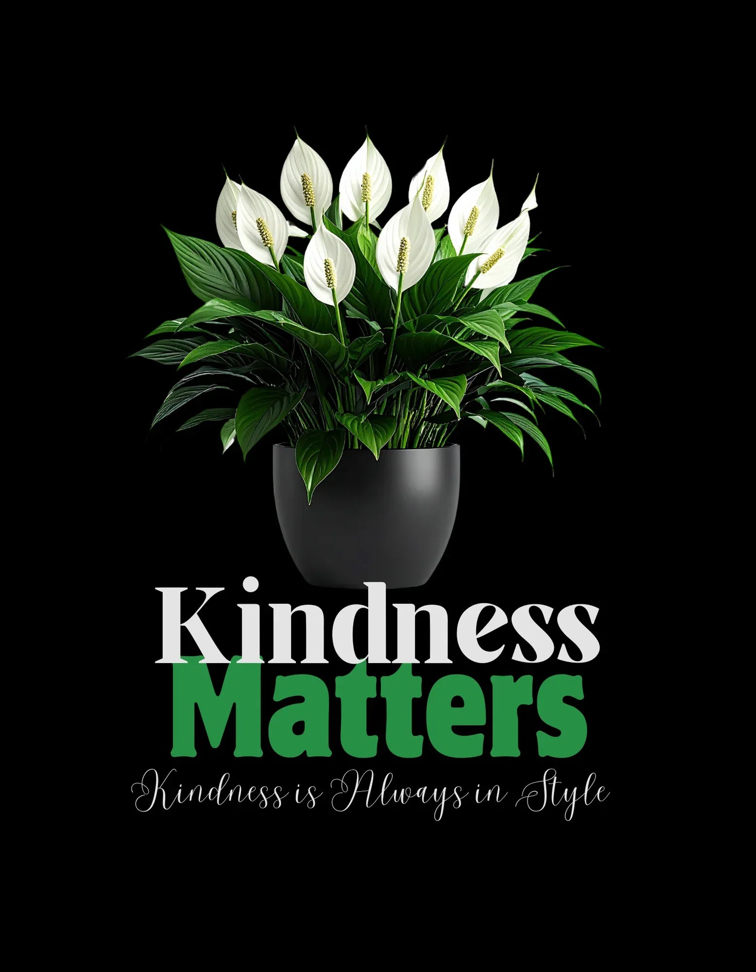 Black crewneck sweatshirt with front tree graphic and “Kindness Matters” lettering