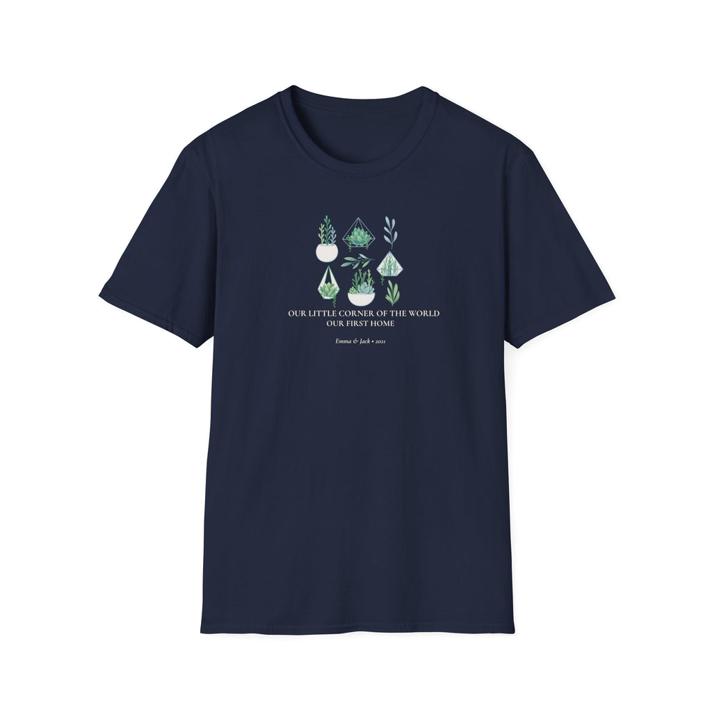 Navy botanical t-shirt with green and white plant graphic and center slogan text