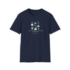 Navy botanical t-shirt with green and white plant graphic and center slogan text