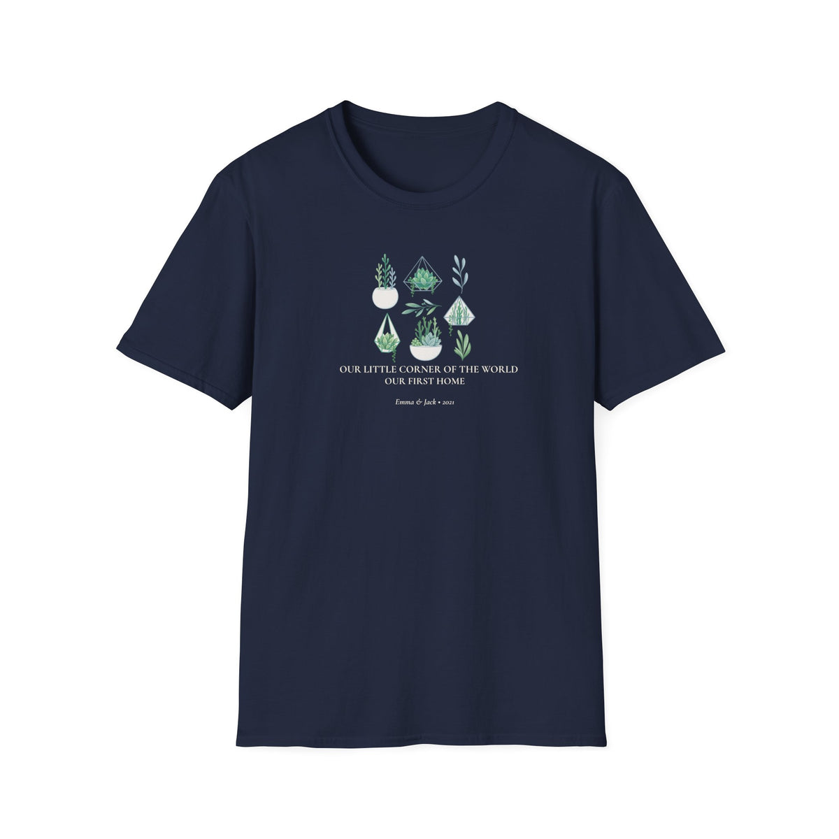 Navy botanical t-shirt with green and white plant graphic and center slogan text