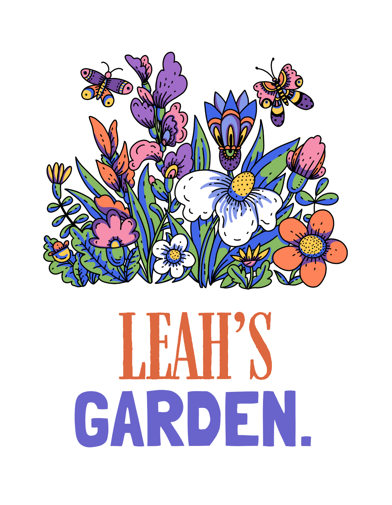 White crewneck sweatshirt with floral graphic and 'LEAH'S GARDEN' print