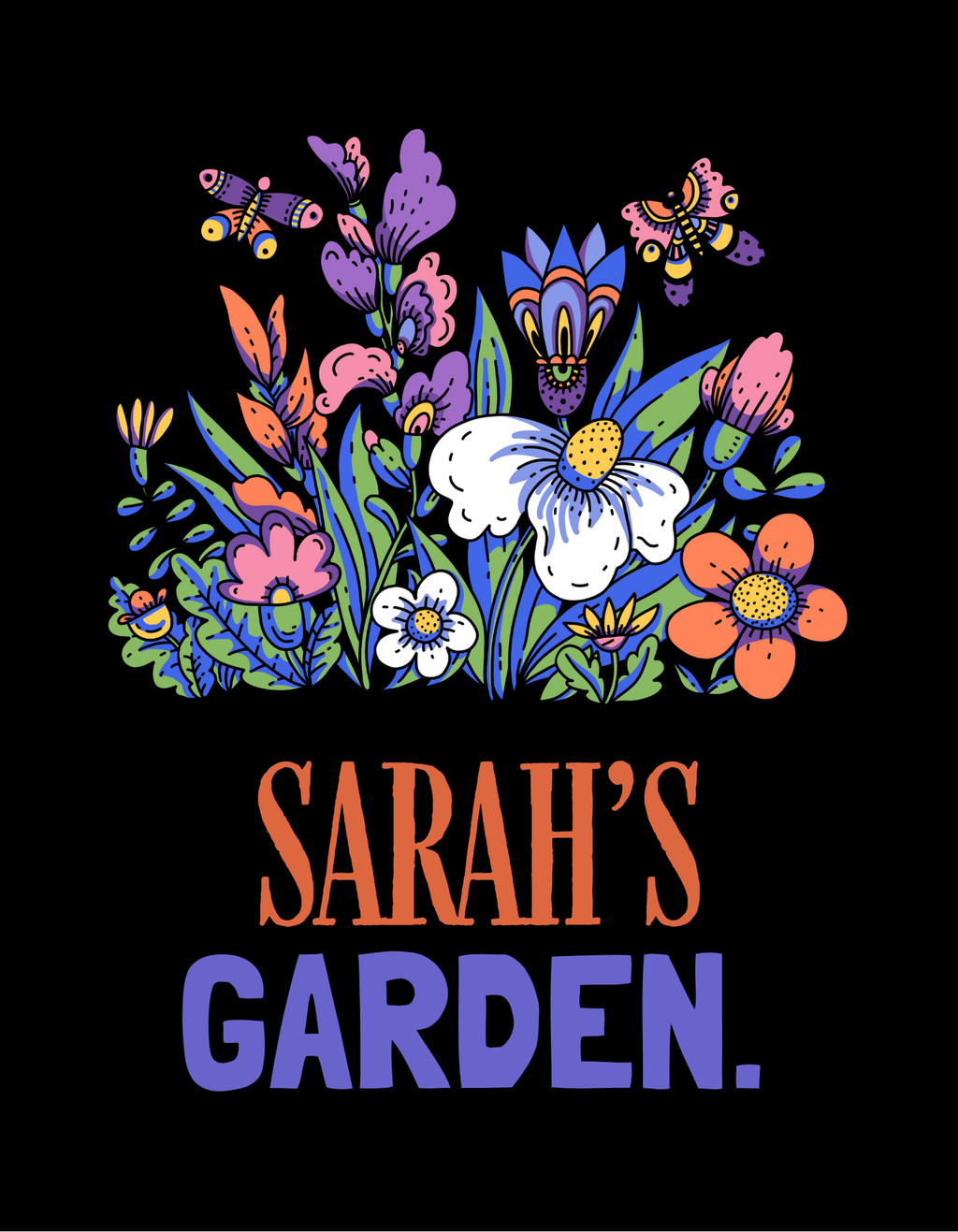 Black crewneck sweatshirt with large floral graphic and “Sarah's Garden” text