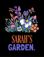 Black crewneck sweatshirt with large floral graphic and “Sarah's Garden” text