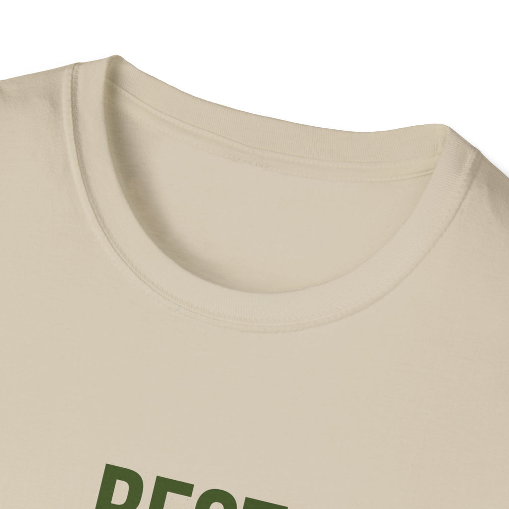 Cream crewneck T-shirt with green “BEST DAD” logo visible at the chest