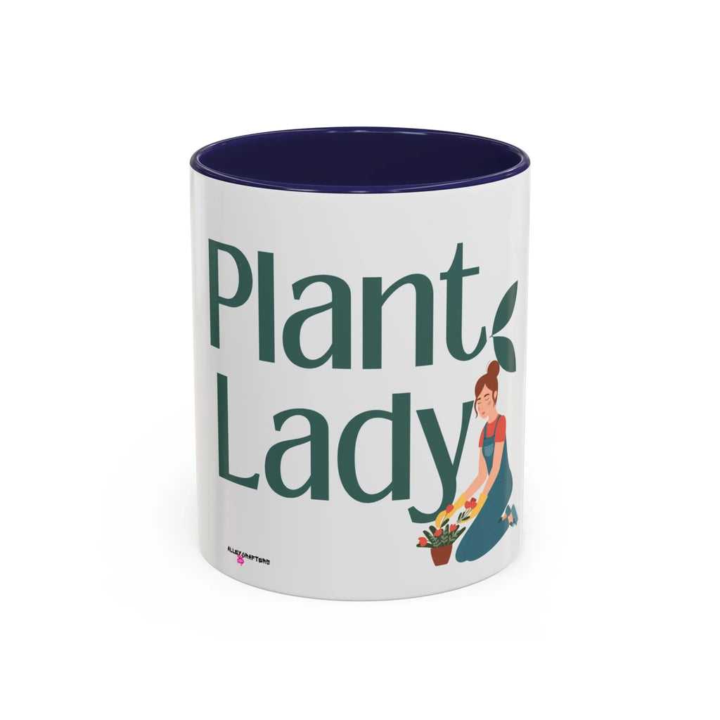 White coffee mug with navy interior, large green “Plant Lady” text and plants