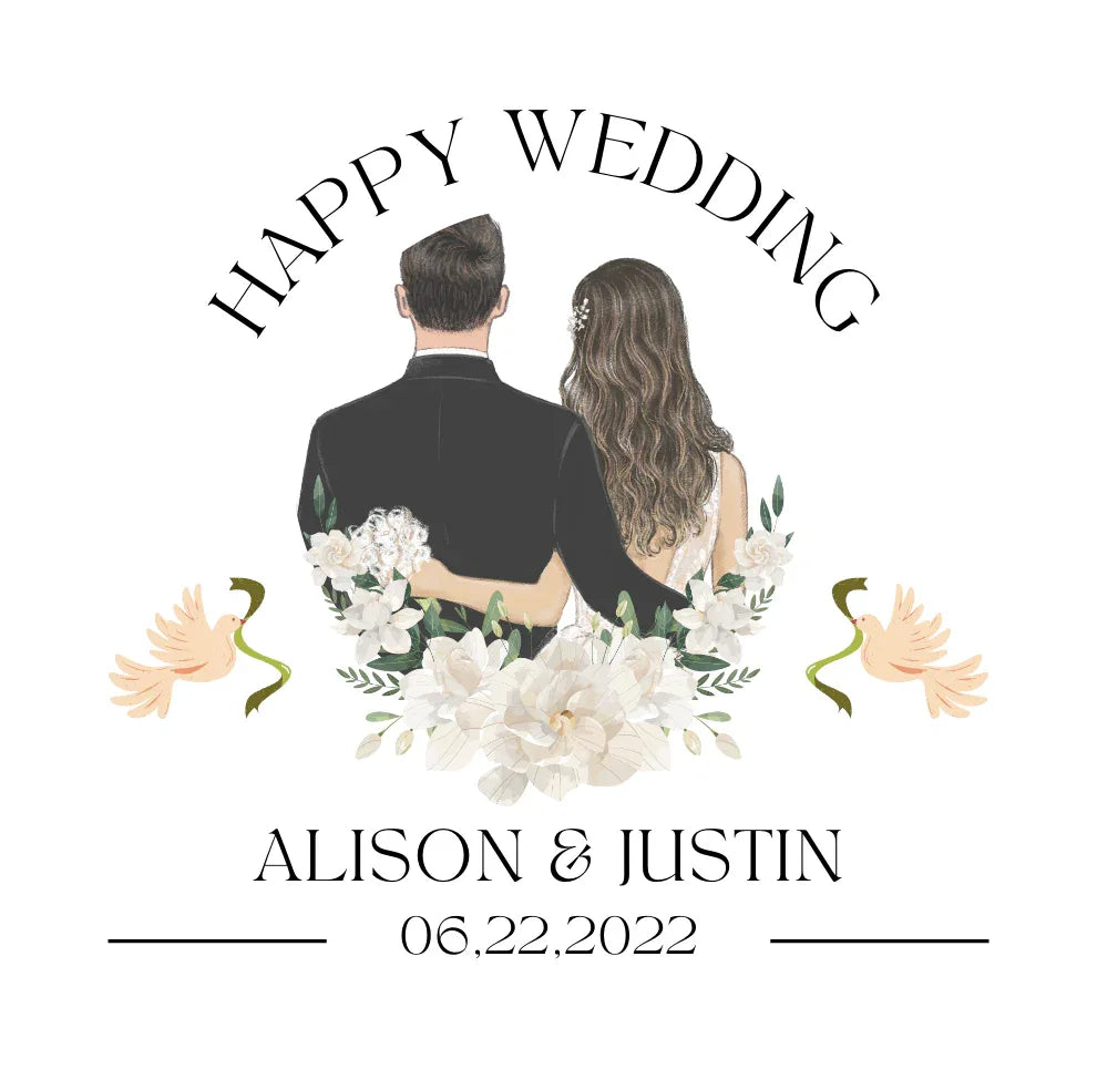White wedding mug design: Happy Wedding, couple holding hands, Alison & Justin, 06.22.2022