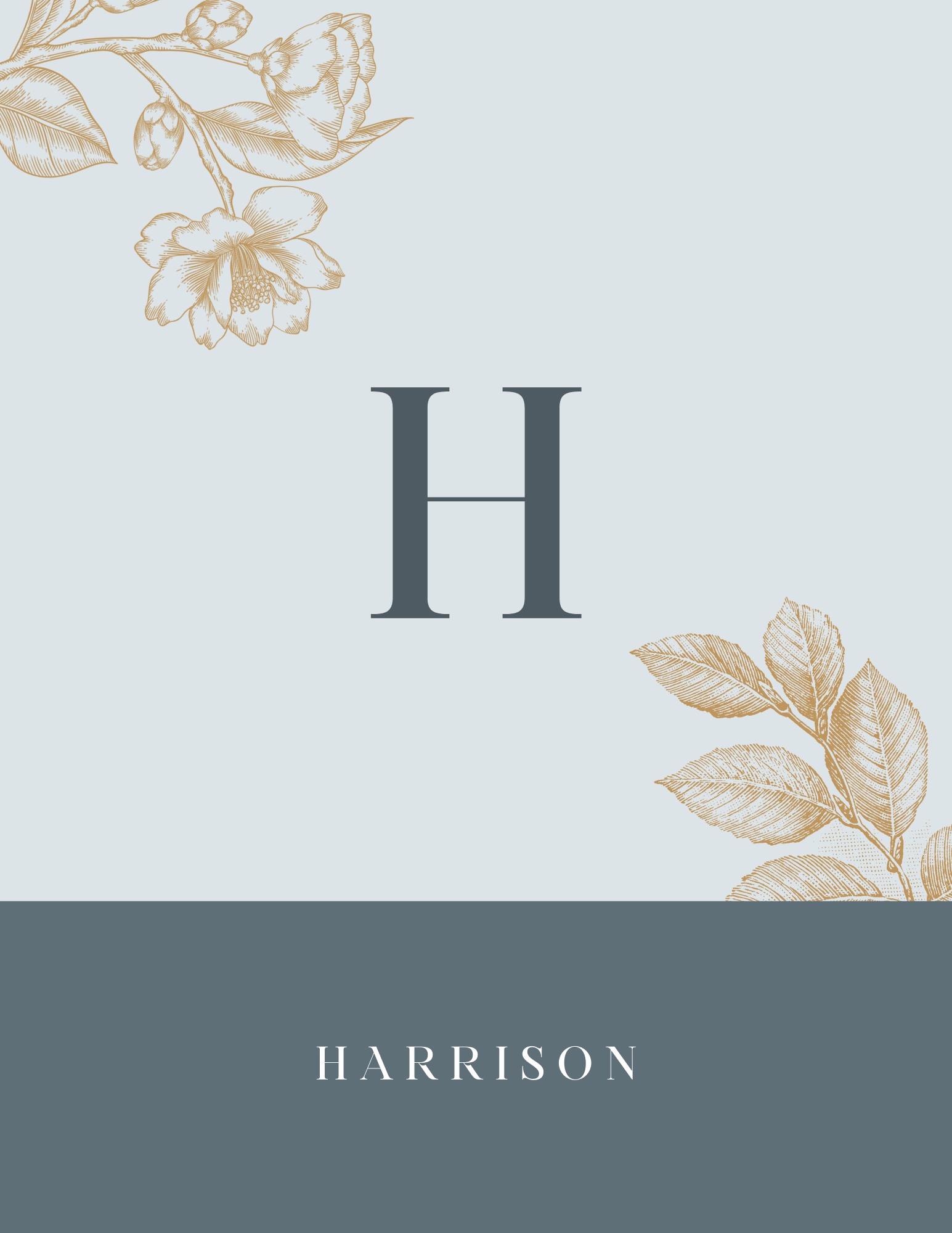 Personalised A5 notebook close-up with initial H and name HARRISON on light blue cover