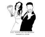 White hoodie design flat lay with black couple graphic and text beneath.