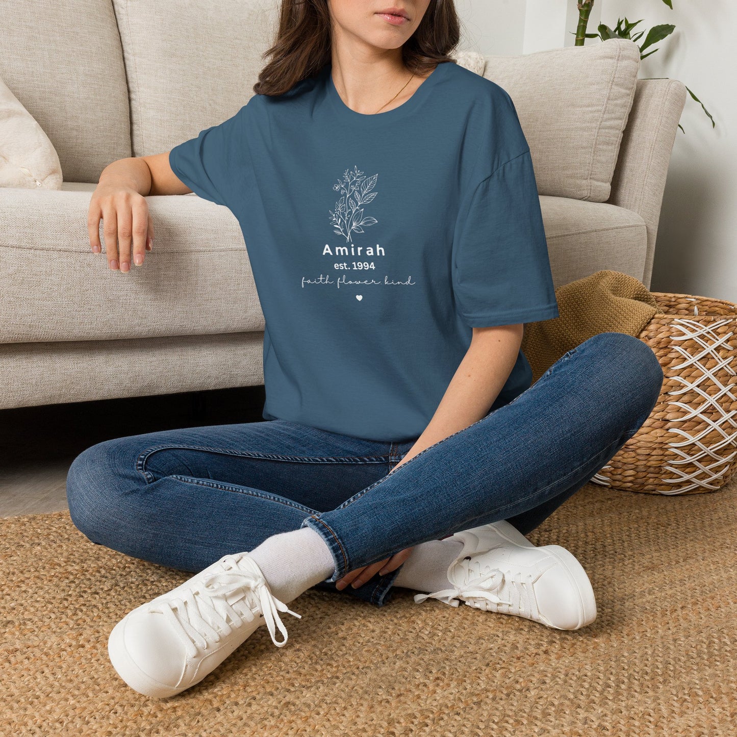 Personalized Floral Name T-Shirt — “Amirah est. 1994” Minimal Botanical Tee